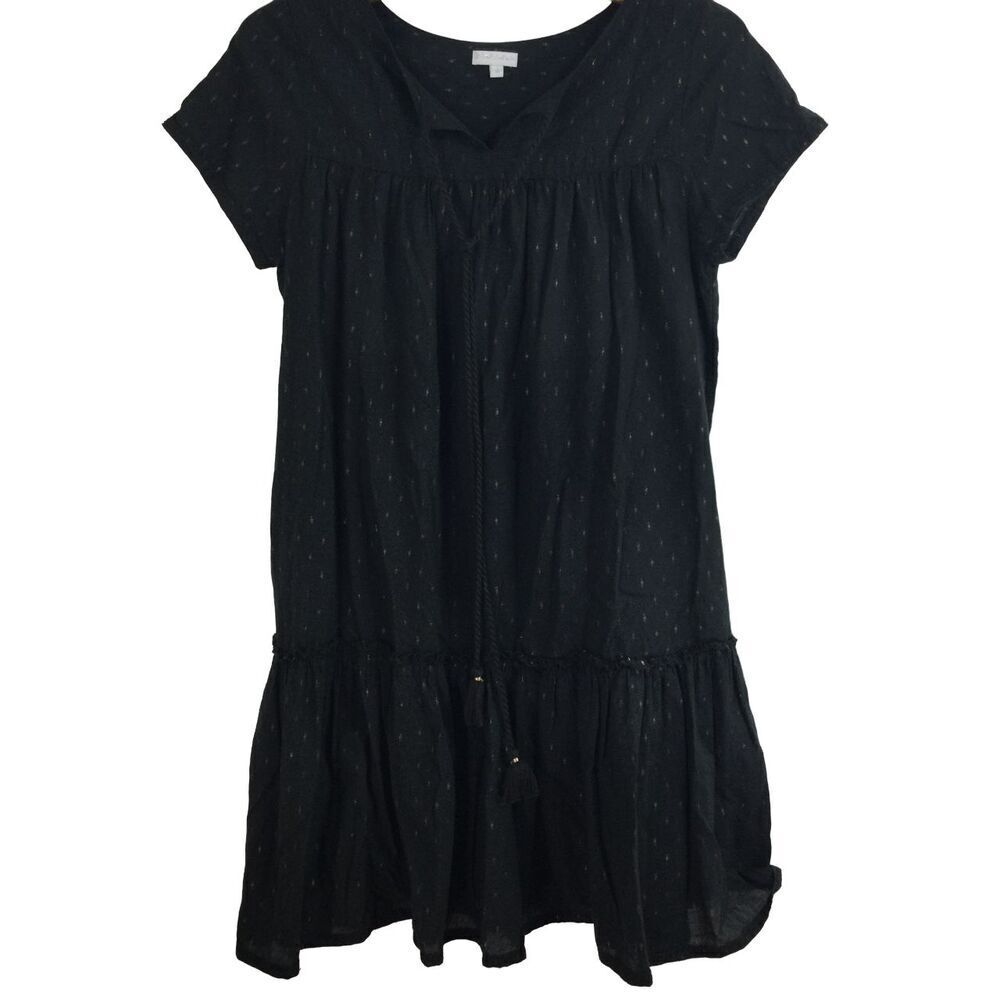 Star Mela Womens Ora Metal Cotton V-Neck Short Sleeve Loose Dress Black Sz Small